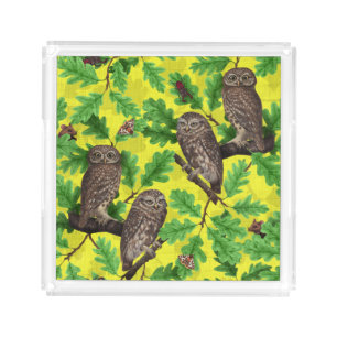 Owls in the Forest on lemon yellow Acrylic Tray