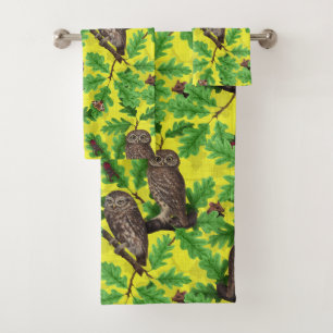 Owls in the Forest on lemon yellow Bath Towel Set