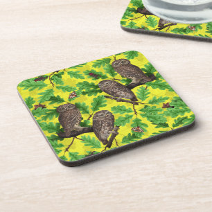 Owls in the Forest on lemon yellow Beverage Coaster