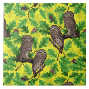Owls in the Forest on lemon yellow Ceramic Tile