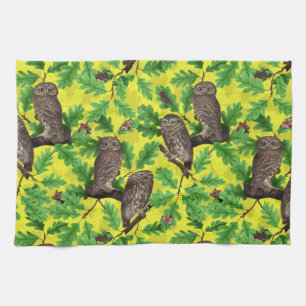 Owls in the Forest on lemon yellow Kitchen Towel
