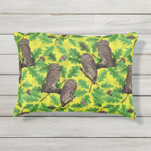 Owls in the Forest on lemon yellow Outdoor Pillow