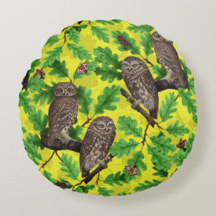 Owls in the Forest on lemon yellow Round Pillow