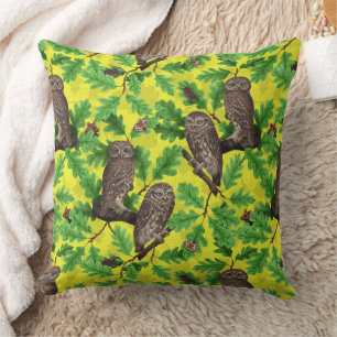 Owls in the Forest on lemon yellow Throw Pillow