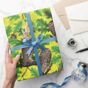 Owls in the Forest on lemon yellow Wrapping Paper