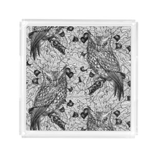 Owls in the oak tree, black and white acrylic tray