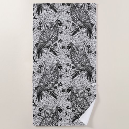 Owls in the oak tree black and white beach towel