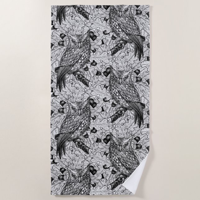 Owls in the oak tree, black and white beach towel (Front)