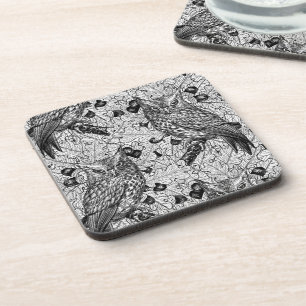 Owls in the oak tree, black and white beverage coaster