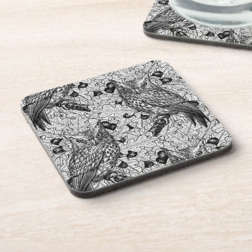 Owls in the oak tree black and white beverage coaster