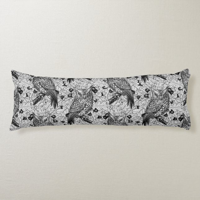 Owls in the oak tree, black and white body pillow (Front)