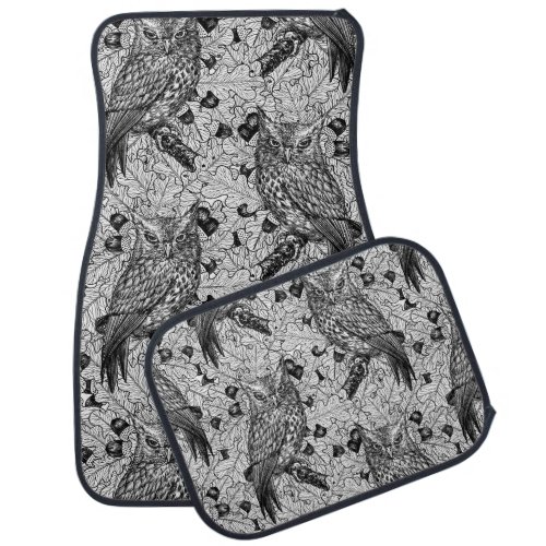 Owls in the oak tree black and white car floor mat