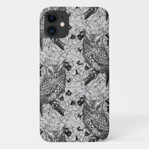 Owls in the oak tree, black and white iPhone 11 case