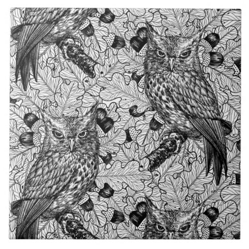 Owls in the oak tree black and white ceramic tile