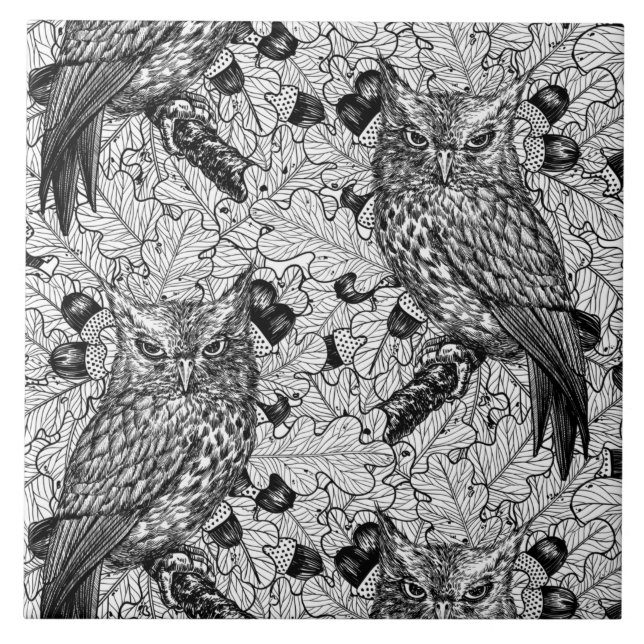 Owls in the oak tree, black and white ceramic tile (Front)