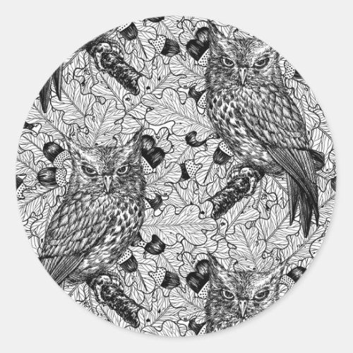 Owls in the oak tree black and white classic round sticker