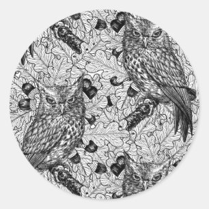 Owls in the oak tree, black and white classic round sticker