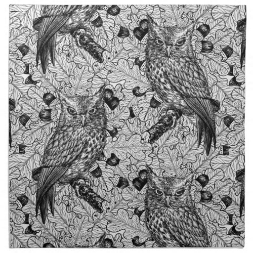 Owls in the oak tree black and white cloth napkin