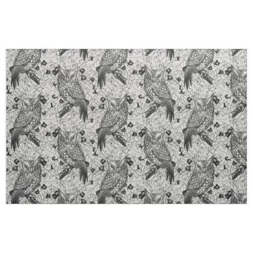 Owls in the oak tree, black and white fabric