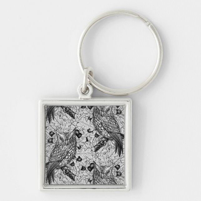 Owls in the oak tree, black and white keychain (Front)