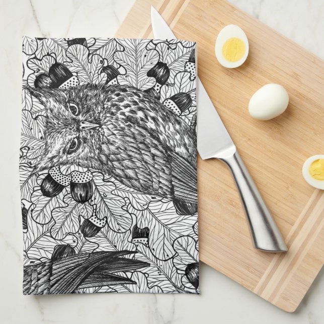 Owls in the oak tree, black and white kitchen towel (Quarter Fold)