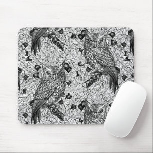 Owls in the oak tree, black and white mouse pad