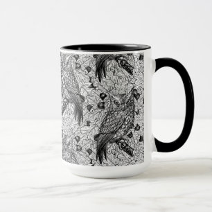 Owls in the oak tree, black and white mug