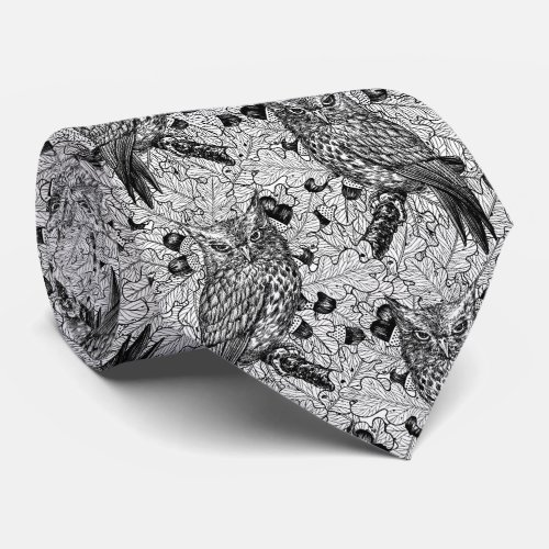 Owls in the oak tree black and white neck tie