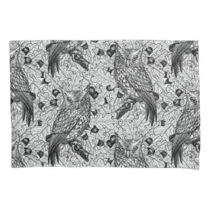 Owls in the oak tree, black and white pillow case