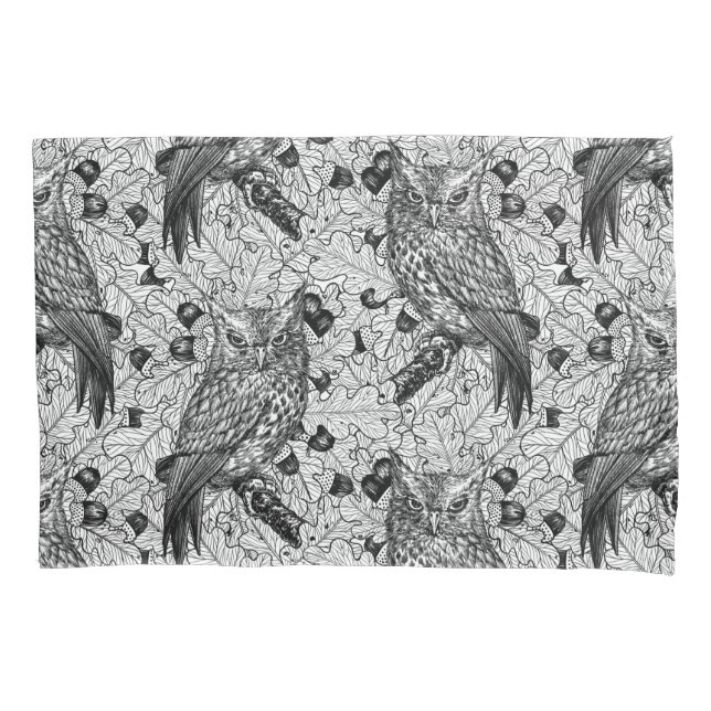 Owls in the oak tree, black and white pillow case (Front-Left)
