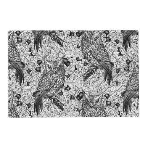 Owls in the oak tree black and white placemat