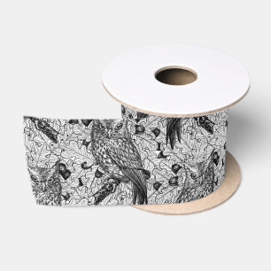 Owls in the oak tree, black and white satin ribbon