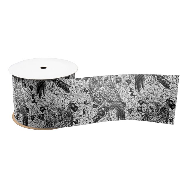 Owls in the oak tree, black and white satin ribbon (Spool)