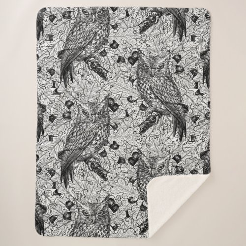 Owls in the oak tree black and white sherpa blanket