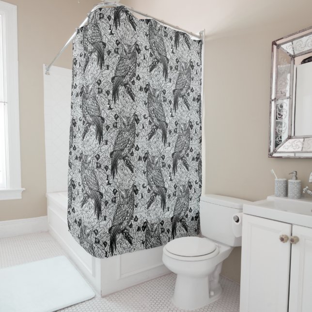 Owls in the oak tree, black and white shower curtain (In Situ)