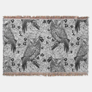 Owls in the oak tree, black and white throw blanket