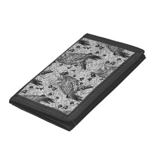 Owls in the oak tree, black and white tri-fold wallet