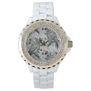 Owls in the oak tree, black and white watch