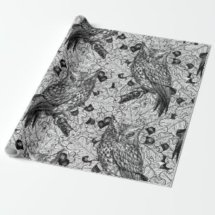 Owls in the oak tree, black and white wrapping paper