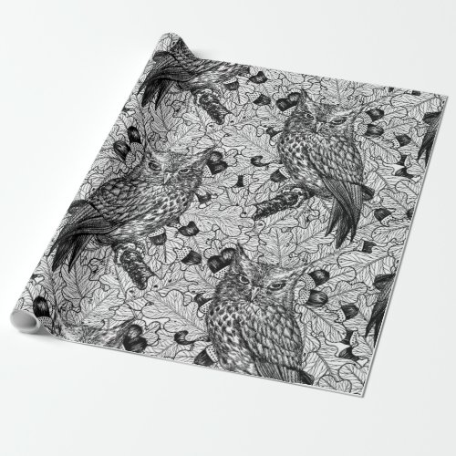 Owls in the oak tree black and white wrapping paper