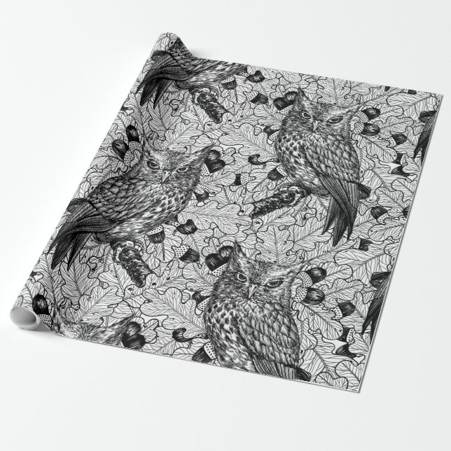 Owls in the oak tree, black and white wrapping paper (Unrolled)