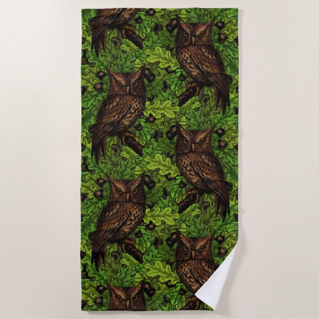 Owls in the oak tree, green and brown beach towel (Front)