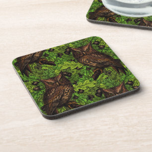 Owls in the oak tree, green and brown beverage coaster