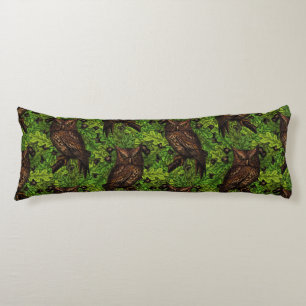 Owls in the oak tree, green and brown body pillow