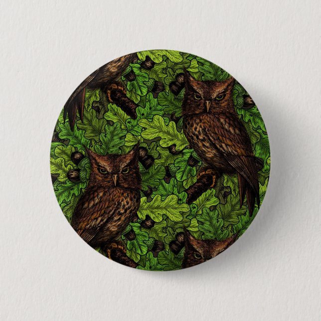 Owls in the oak tree, green and brown button (Front)