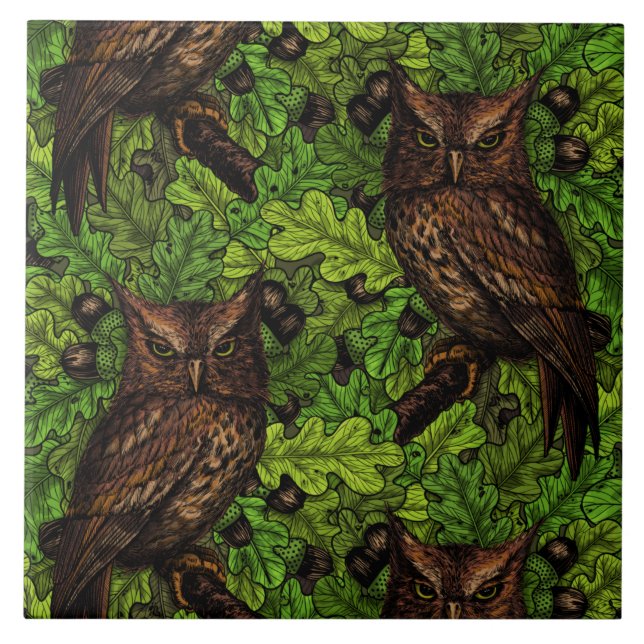 Owls in the oak tree, green and brown ceramic tile (Front)