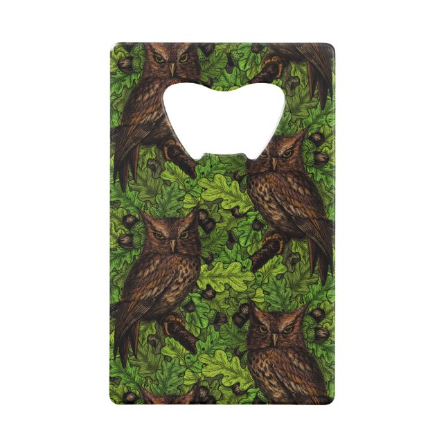 Owls in the oak tree, green and brown credit card bottle opener (Front)