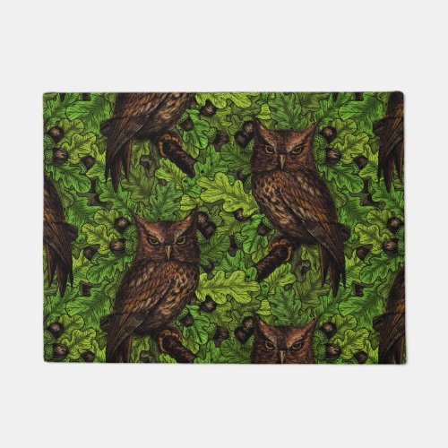 Owls in the oak tree green and brown doormat