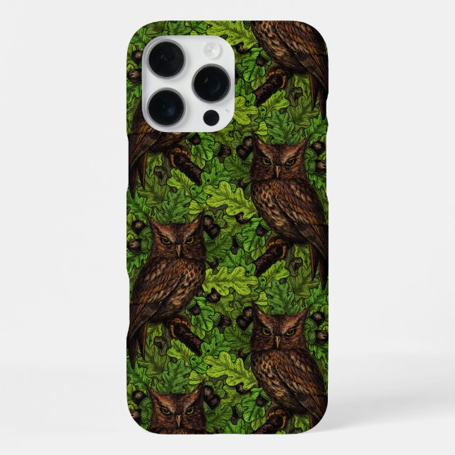 Owls in the oak tree, green and brown iPhone case (Back)