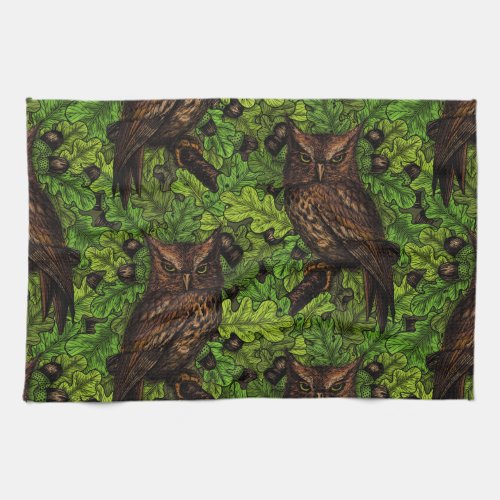 Owls in the oak tree green and brown kitchen towel